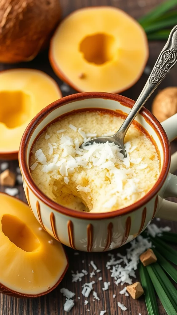 A coconut mug cake topped with shredded coconut, sitting in a white mug.