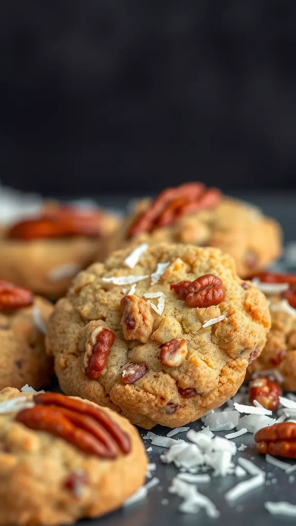 Close-up of coconut pecan cookies with pecans and coconut flakes on top.