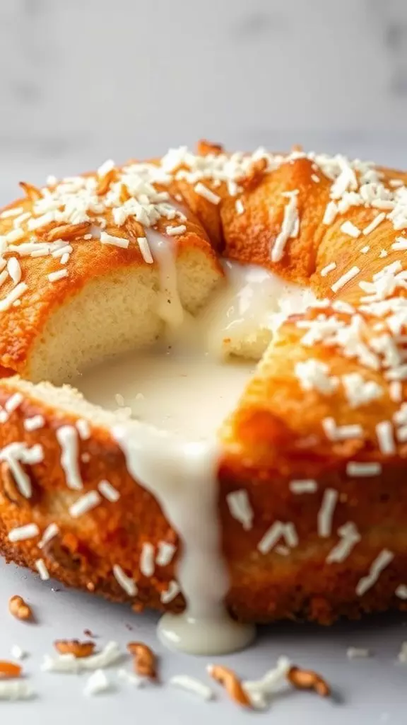 A delicious coconut poke cake with icing and shredded coconut on top.