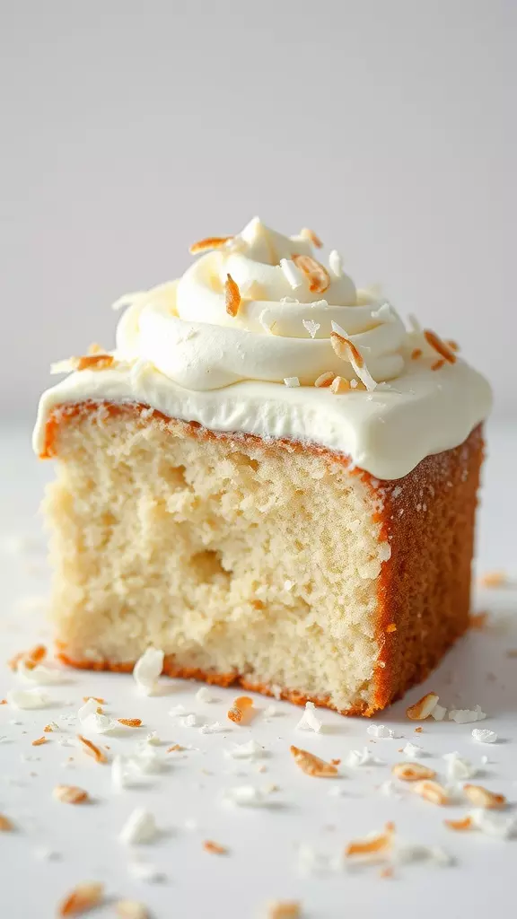 Slice of Coconut Poke Cake with frosting and toasted coconut flakes.