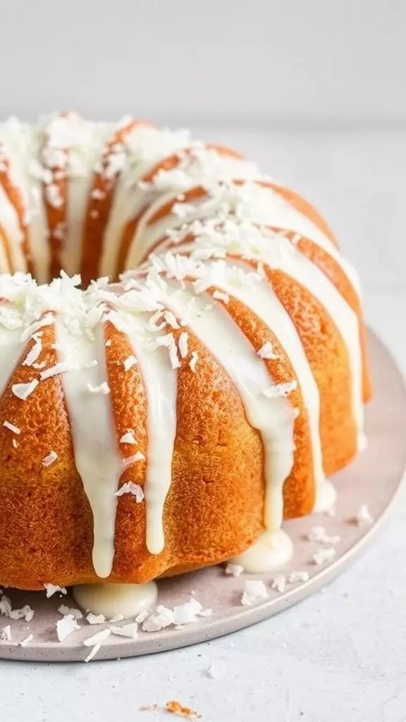 Delicious coconut pound cake with icing and shredded coconut on top.