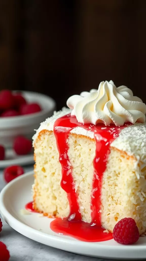 A slice of coconut raspberry poke cake with raspberry sauce and whipped cream on top.