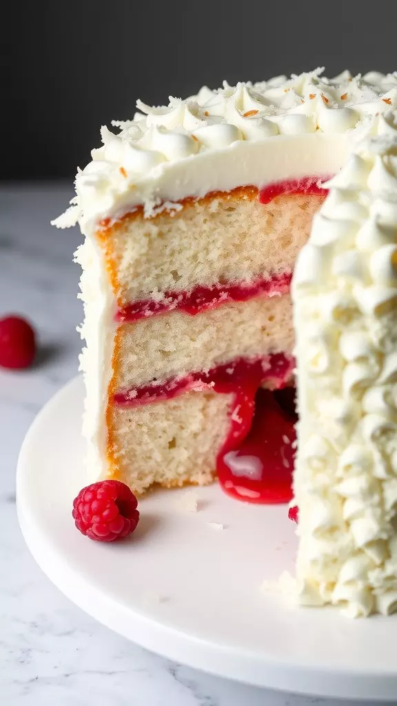 A slice of Coconut Raspberry Poke Cake with raspberry filling spilling out.