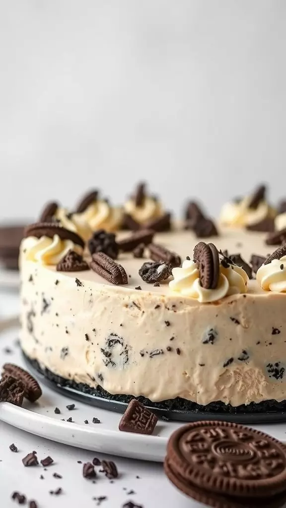 A delicious Cookies and Cream No Bake Cheesecake topped with whipped cream and Oreo cookies.