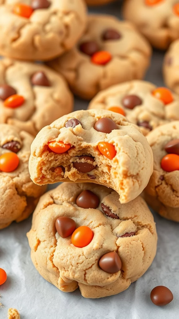 Plate of soft and chewy Reese's Peanut Butter Cookies topped with chocolate and peanut butter chips.