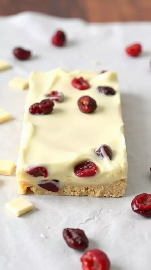 A close-up of keto cranberry bliss bars topped with cranberries and white chocolate.