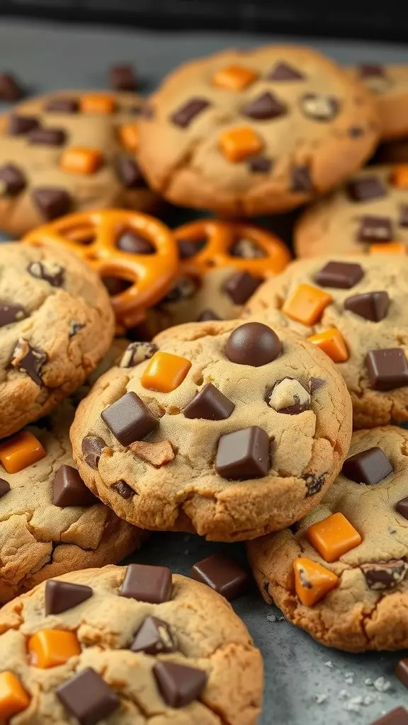 A close-up of cookies with chocolate and caramel pieces, highlighting their gooey texture.