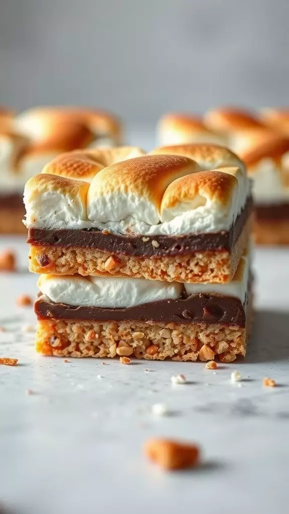 A close-up of stacked S'mores bars with golden-brown marshmallows and chocolate.