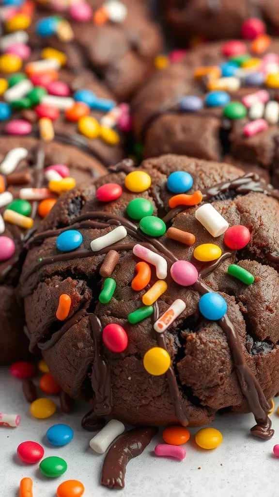 Close-up of Cosmic Brownie Cookies topped with colorful sprinkles and chocolate drizzle