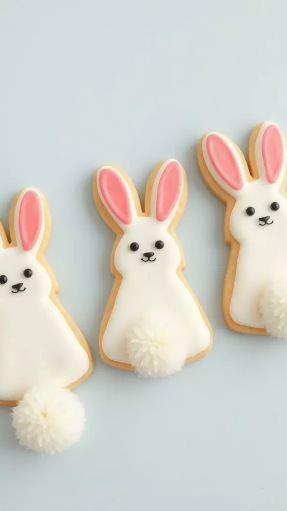 Cottontail rabbit-shaped cookies decorated with frosting and pom-poms