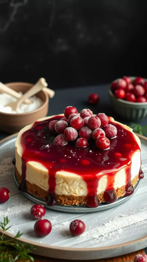 A delicious cranberry cheesecake topped with fresh cranberries and a rich sauce.