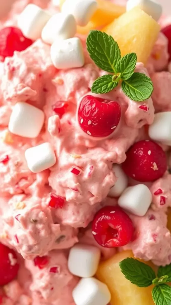 A colorful bowl of cranberry fluff salad topped with marshmallows and mint leaves.