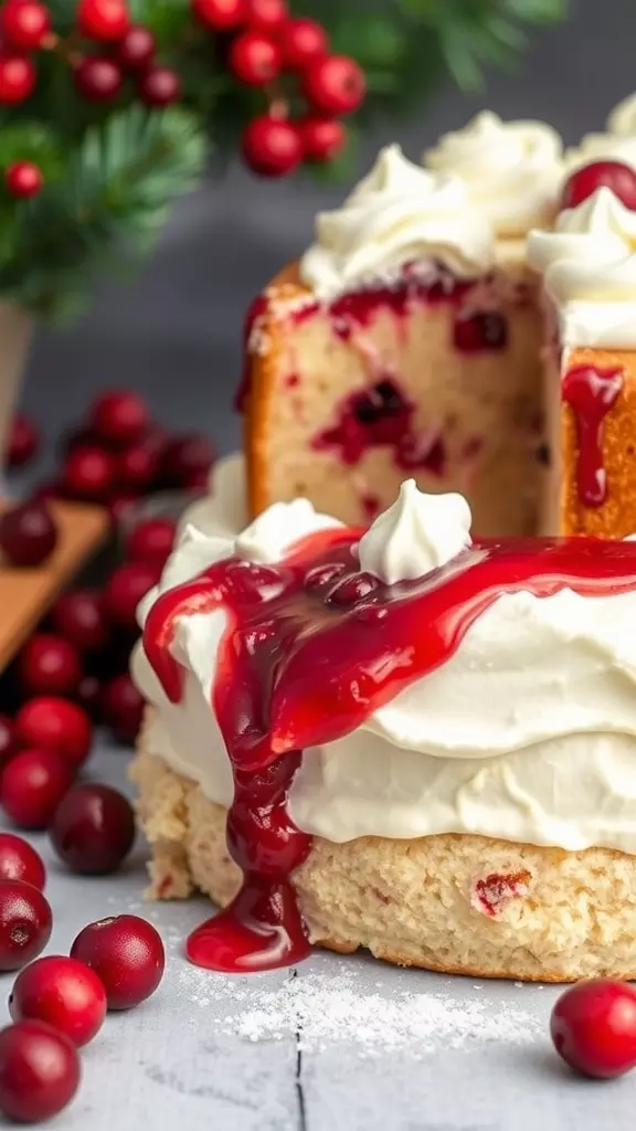 A delicious Cranberry Poke Cake drizzled with cranberry sauce and topped with whipped cream, surrounded by fresh cranberries.