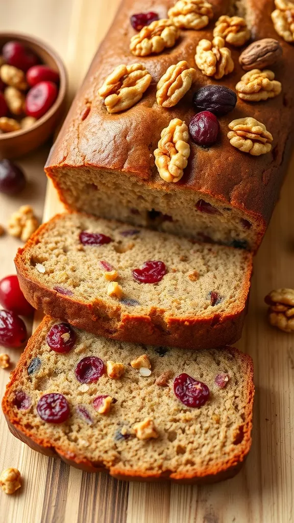 Loaf of cranberry walnut zucchini bread with slices cut out and walnuts on top.