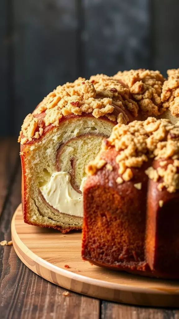 Close-up of a sliced cream cheese coffee cake with a crumb topping.