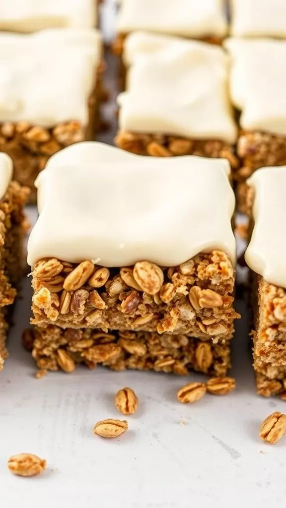 Close-up of cream cheese frosted maple oatmeal bars with oats sprinkled around