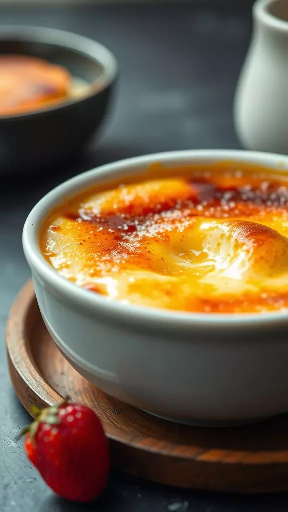 A close-up of a creamy creme brulee breakfast bowl with a caramelized top and a strawberry on the side.