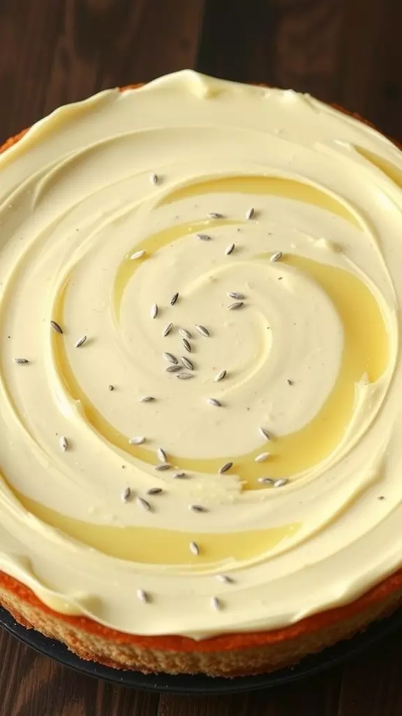 A close-up of a crustless poppy seed and lemon cheesecake with a smooth creamy top and scattered poppy seeds.