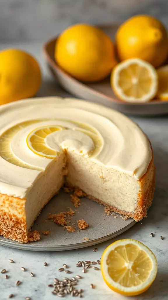 A crustless poppy seed and lemon cheesecake with a slice removed, garnished with lemon slices, and surrounded by whole lemons.