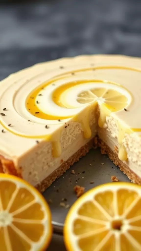 A slice of crustless poppy seed and lemon cheesecake on a plate with lemon slices.