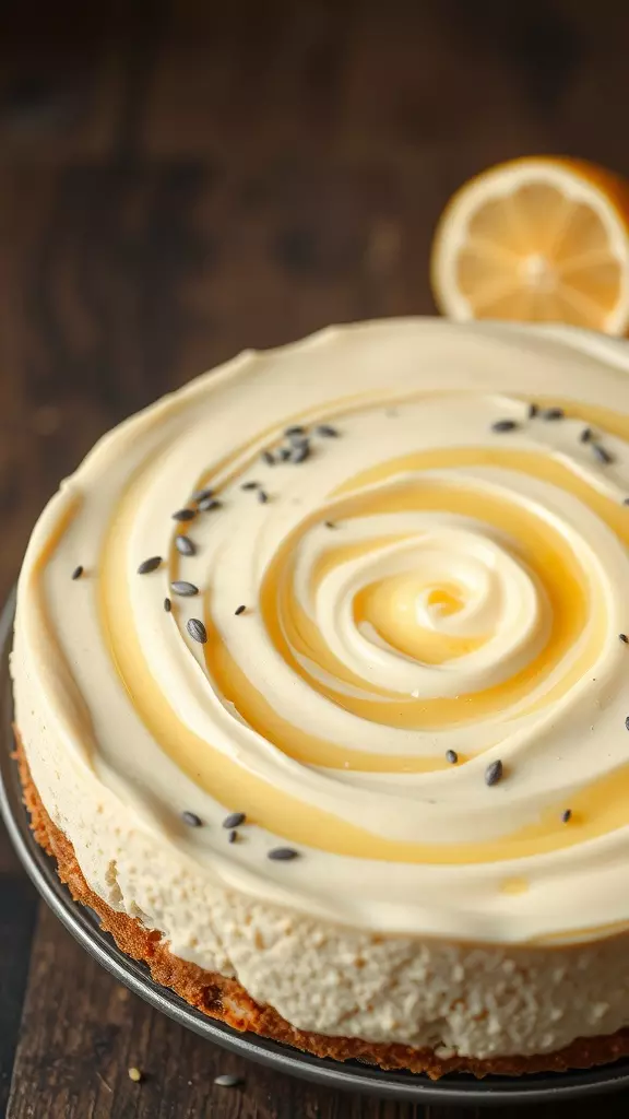 Crustless poppy seed and lemon cheesecake with a creamy swirl on top.