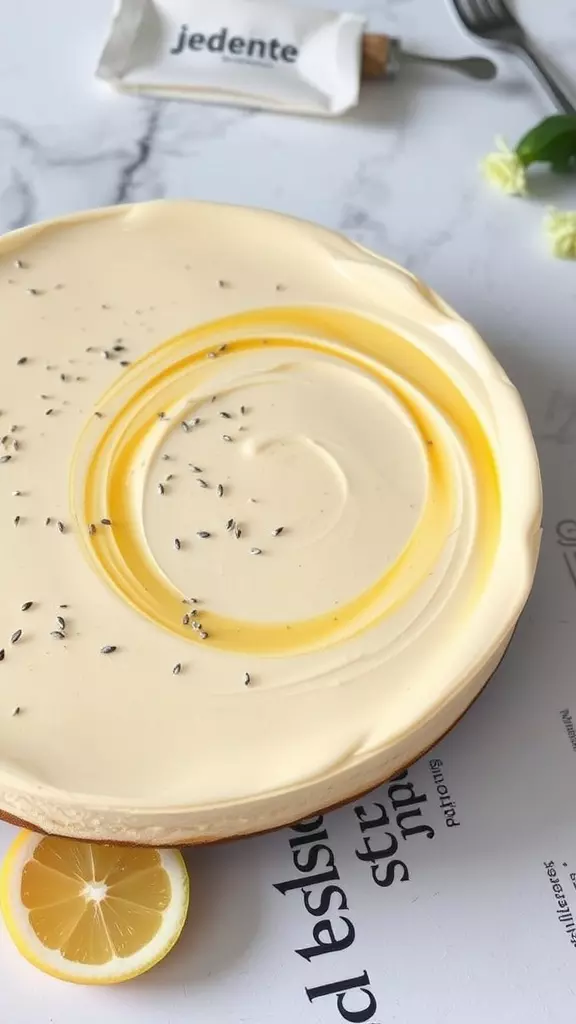 A smooth crustless lemon cheesecake topped with poppy seeds on a marble surface