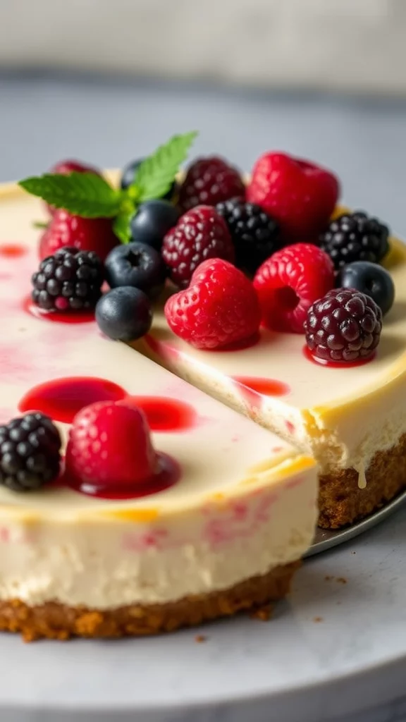 A slice of dairy-free cheesecake topped with berries on a plate.