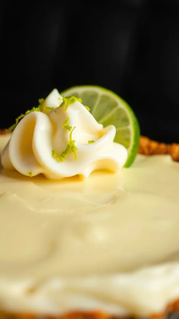 A close-up of a Dairy-Free Key Lime Pie topped with whipped cream and lime slices.