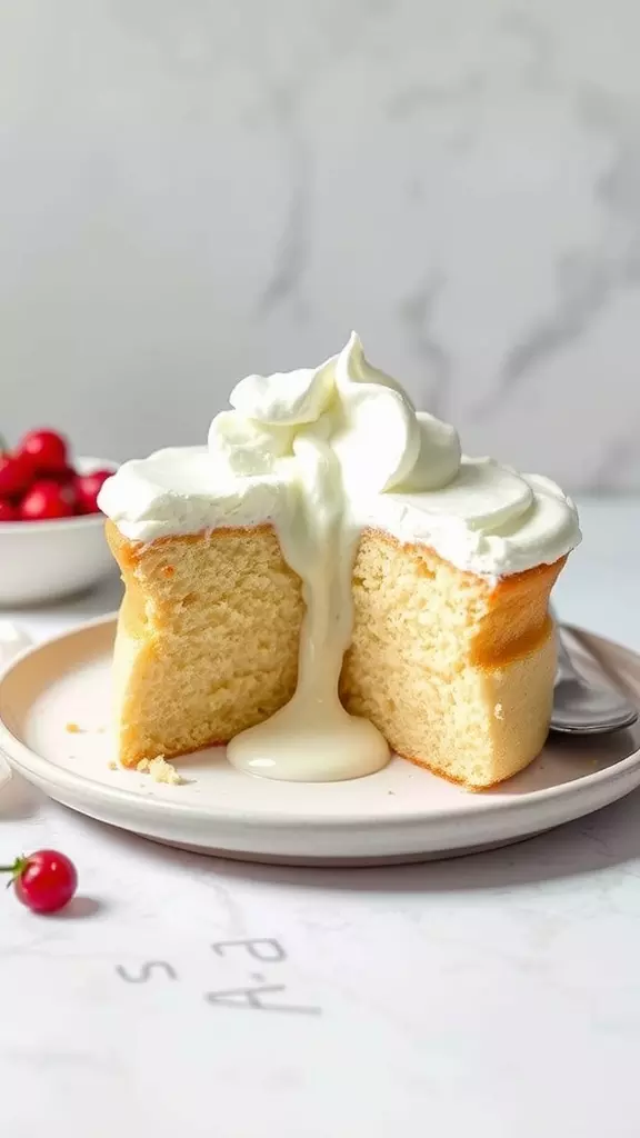 A slice of dairy-free tres leches cake with creamy filling, garnished with whipped topping.