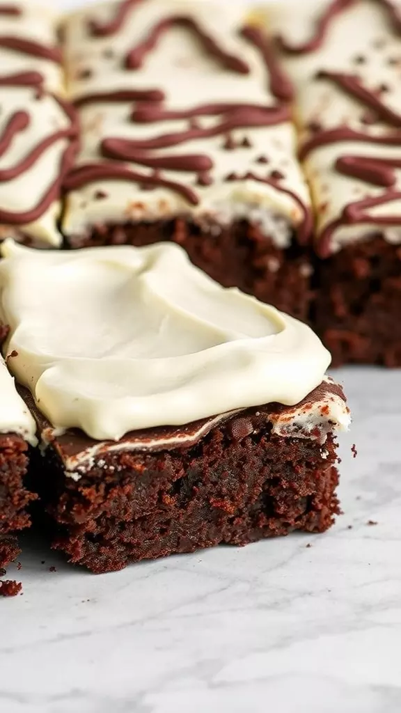 A slice of dark cocoa buttermilk sheet cake with cream cheese frosting