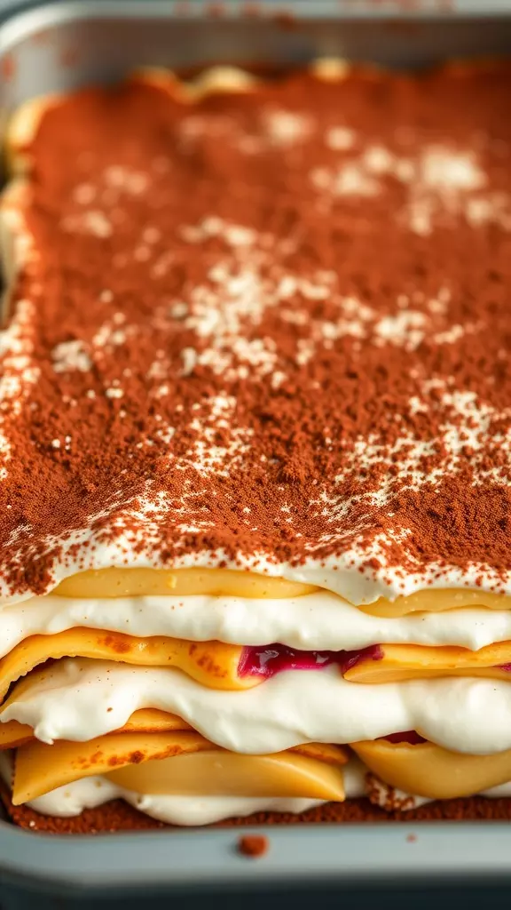 A close-up of a layered passion fruit tiramisu dessert with cocoa powder on top.