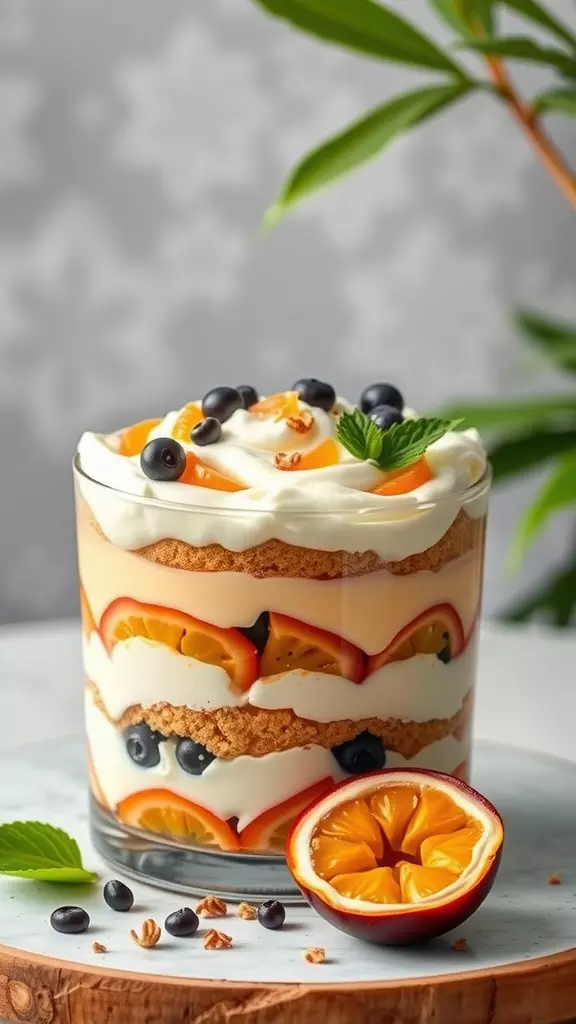 A glass of layered Passion Fruit Tiramisu topped with fruits and mint leaves.