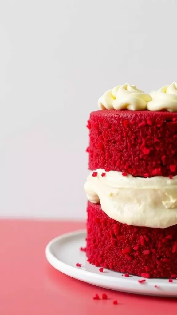 A two-layer red velvet cake with creamy frosting on a white plate.