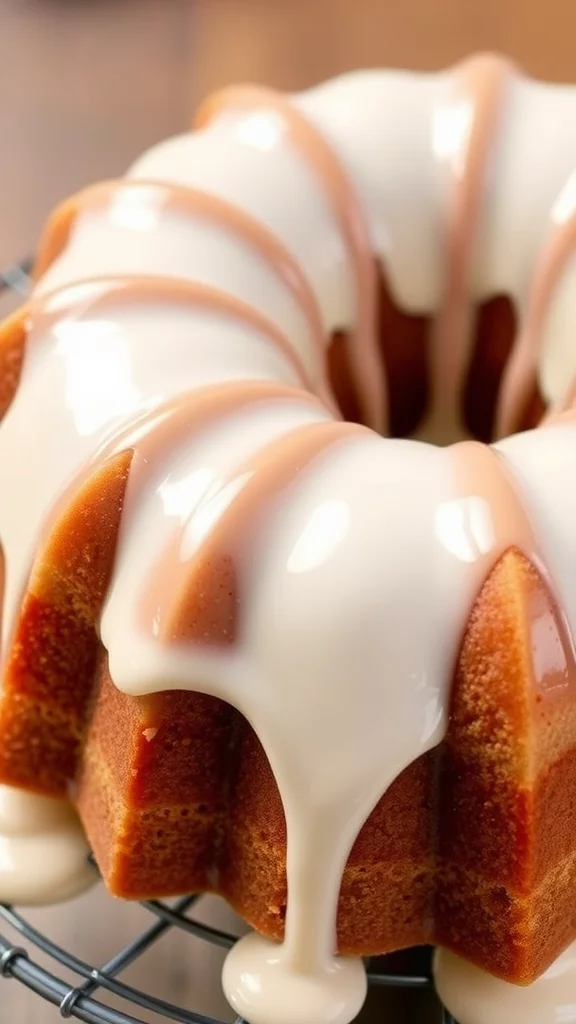 A beautifully glazed Donut Bundt Cake on a plate.