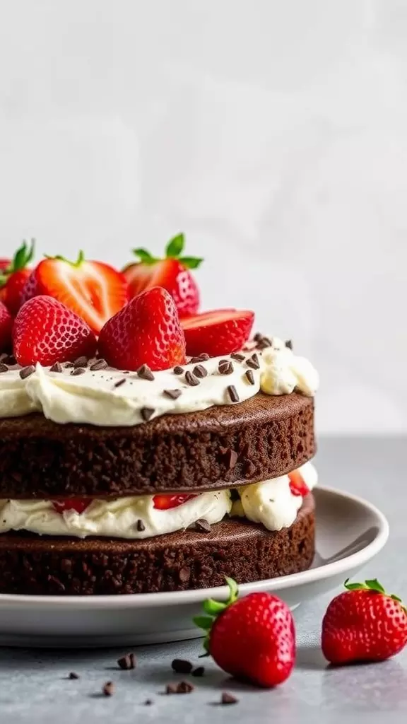 A double chocolate cake topped with Kahlua whipped cream and fresh strawberries.