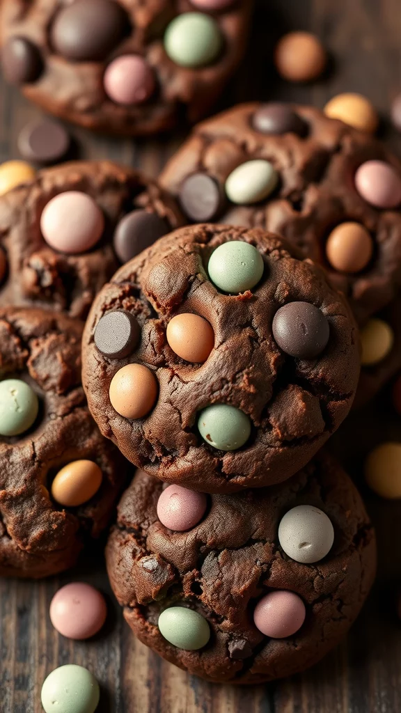 Deliciously decorated double chocolate cookies with bunny designs and colorful candy eggs.