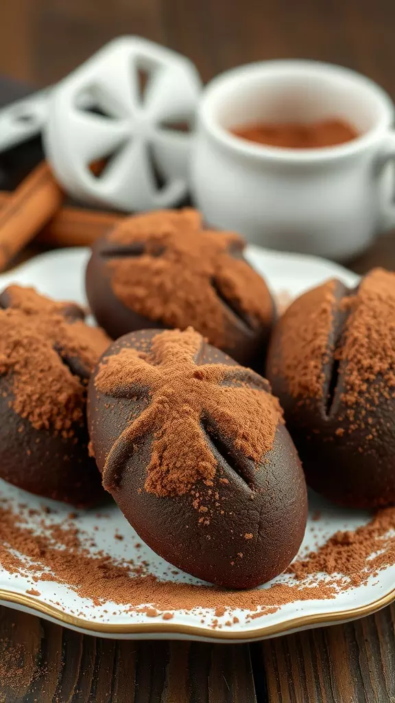 A plate of double chocolate madeleines dusted with cocoa powder.