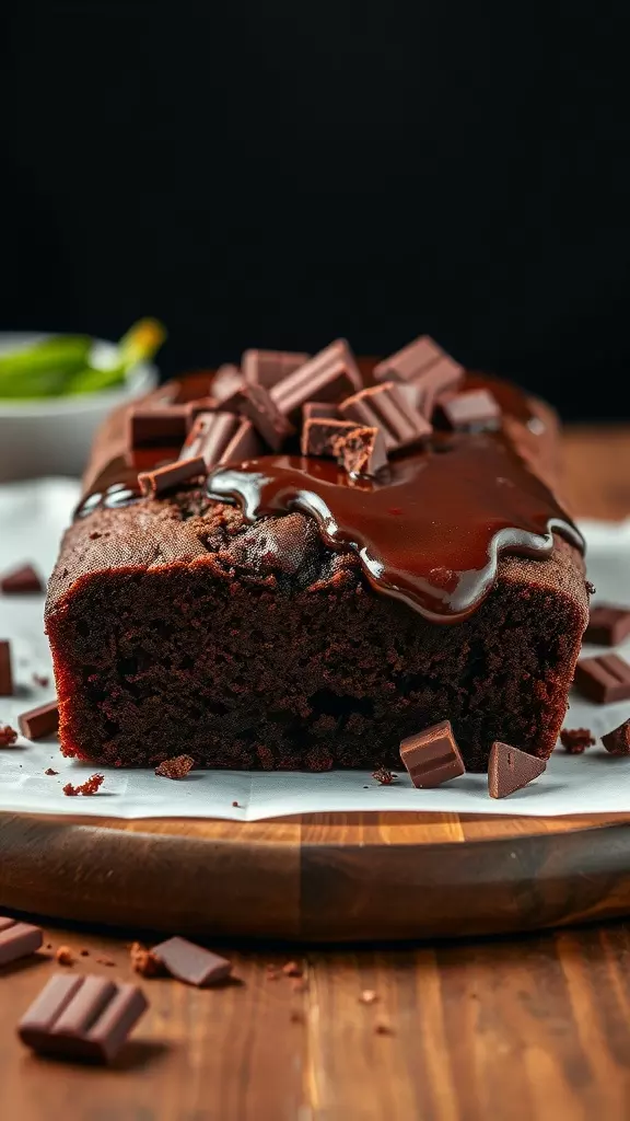 A loaf of double chocolate zucchini bread topped with chocolate drizzle and chocolate chunks