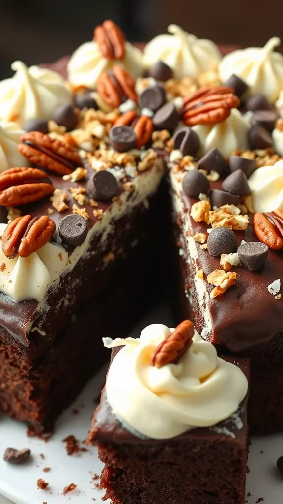 Close-up view of a chocolate earthquake cake with toppings.