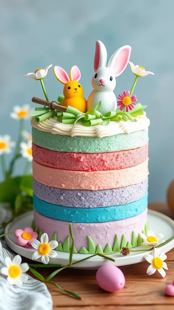 A beautifully decorated Easter cake featuring two bunnies, colorful eggs, and floral elements.