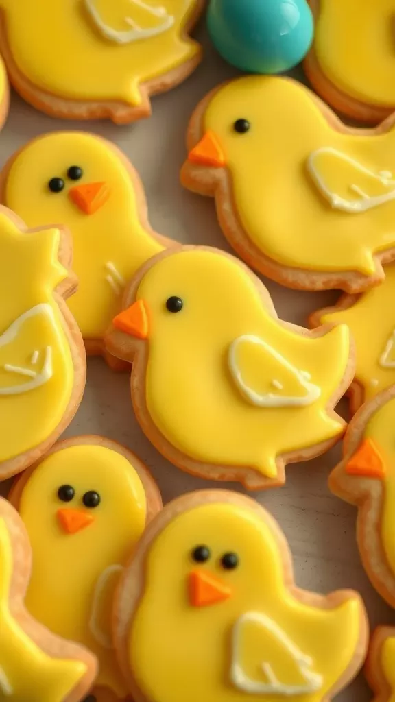 A close-up of cheerful yellow chick cookies, decorated with icing and placed among colorful Easter eggs.