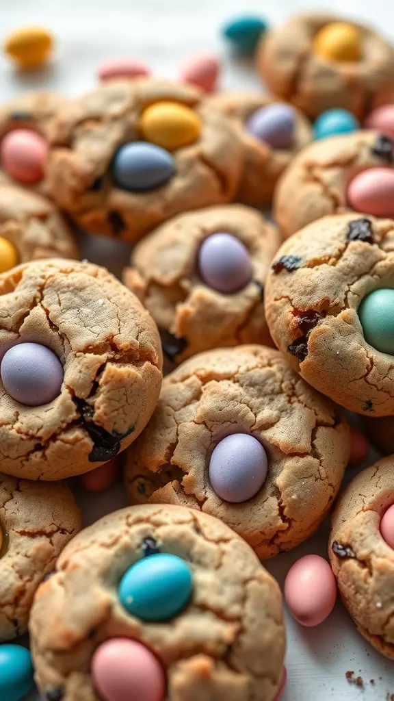 Close-up of cookies with Mini Cadbury eggs on top, surrounded by pastel-colored candy eggs.