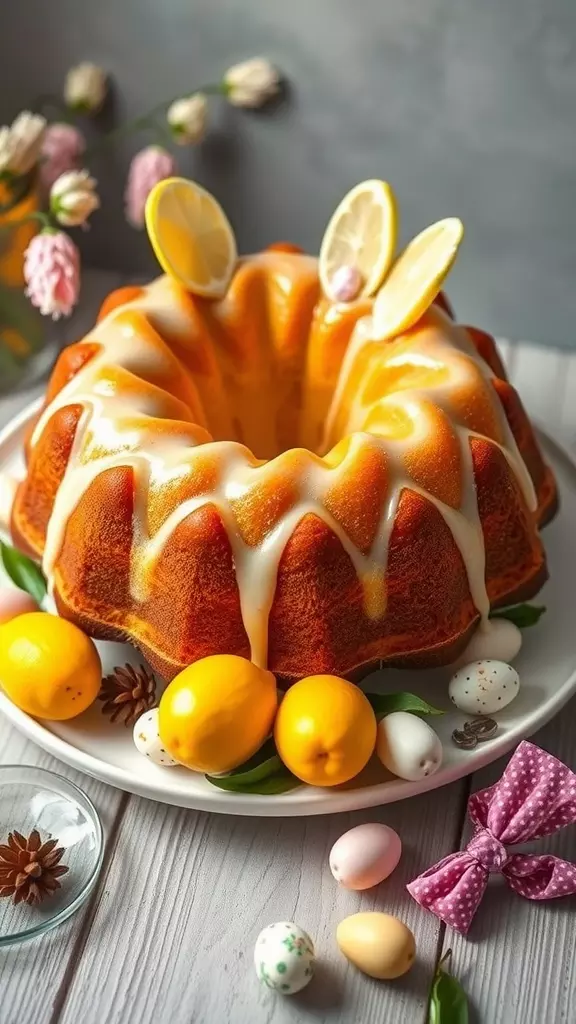 A beautifully decorated Easter Lemon Bundt Cake with lemon slices, surrounded by colorful eggs and flowers.