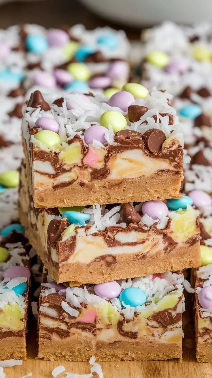 These Easter Magic Cookie Bars are a delightful treat that everyone will love. They have a creamy base, topped with colorful candies and a sprinkle of coconut. Check out the full recipe for these tasty bars right here!