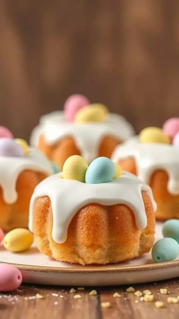 Delicious mini vanilla bundt cakes decorated with colorful chocolate eggs