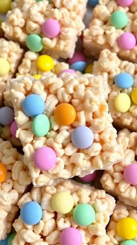 A close-up of Easter-themed Rice Krispie treats with colorful candies.