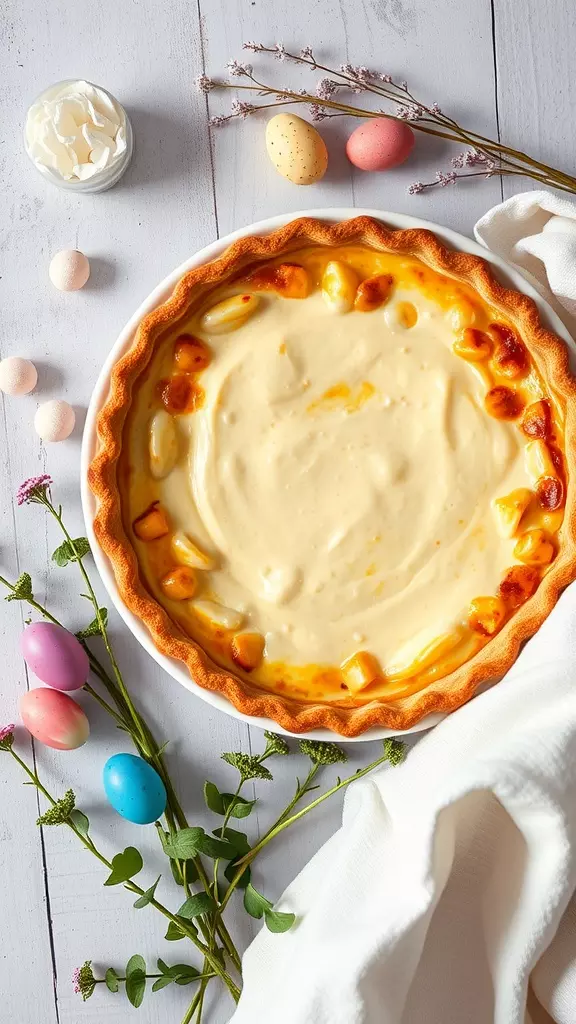 A beautifully baked Easter Ricotta Pie surrounded by pastel-colored eggs and fresh flowers.