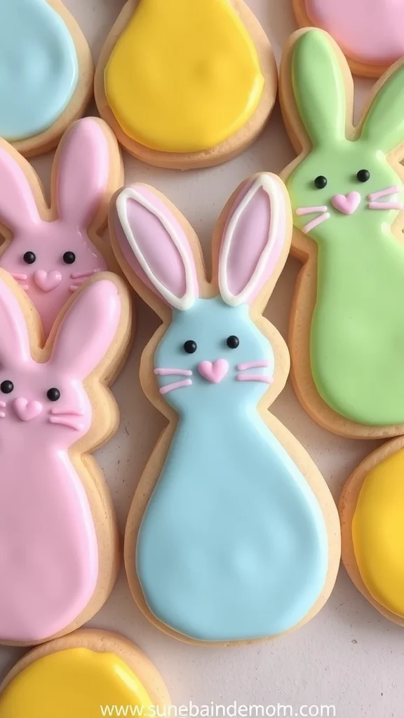 A close-up of pastel-colored star-shaped cookies with icing on a light background.