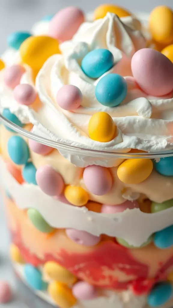 A colorful Easter trifle dessert topped with pastel candy eggs and whipped cream.