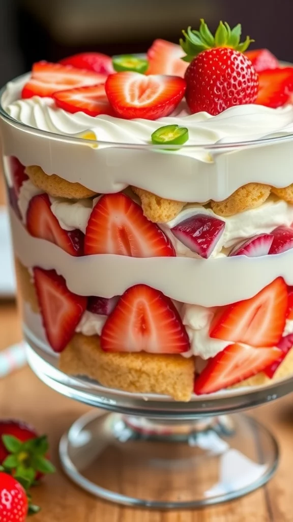 A beautifully layered Easter trifle dessert with fruits, cream, and decorative elements.